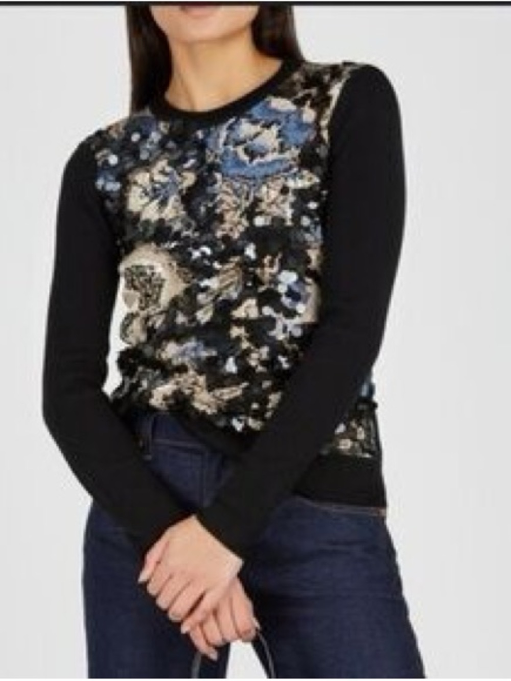 Tory Burch Black Crewneck Sweater with Blue and Cream Floral Sequin Front Small